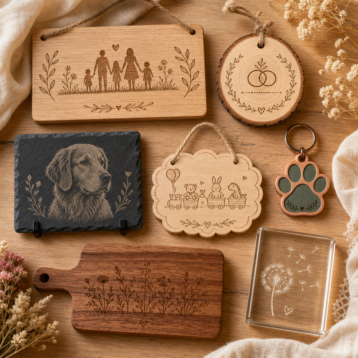 Warme Produktcollage mit gravierten Holzschildern, Schieferbild, Anhänger und Geschenkideen